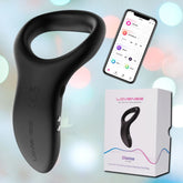 An image of the Lovense Diamo Bluetooth-Controlled Vibrating Cock Ring, a sleek black device, rests beside its box and a smartphone showcasing the control app. The background is a soft, blurred mix of colors.